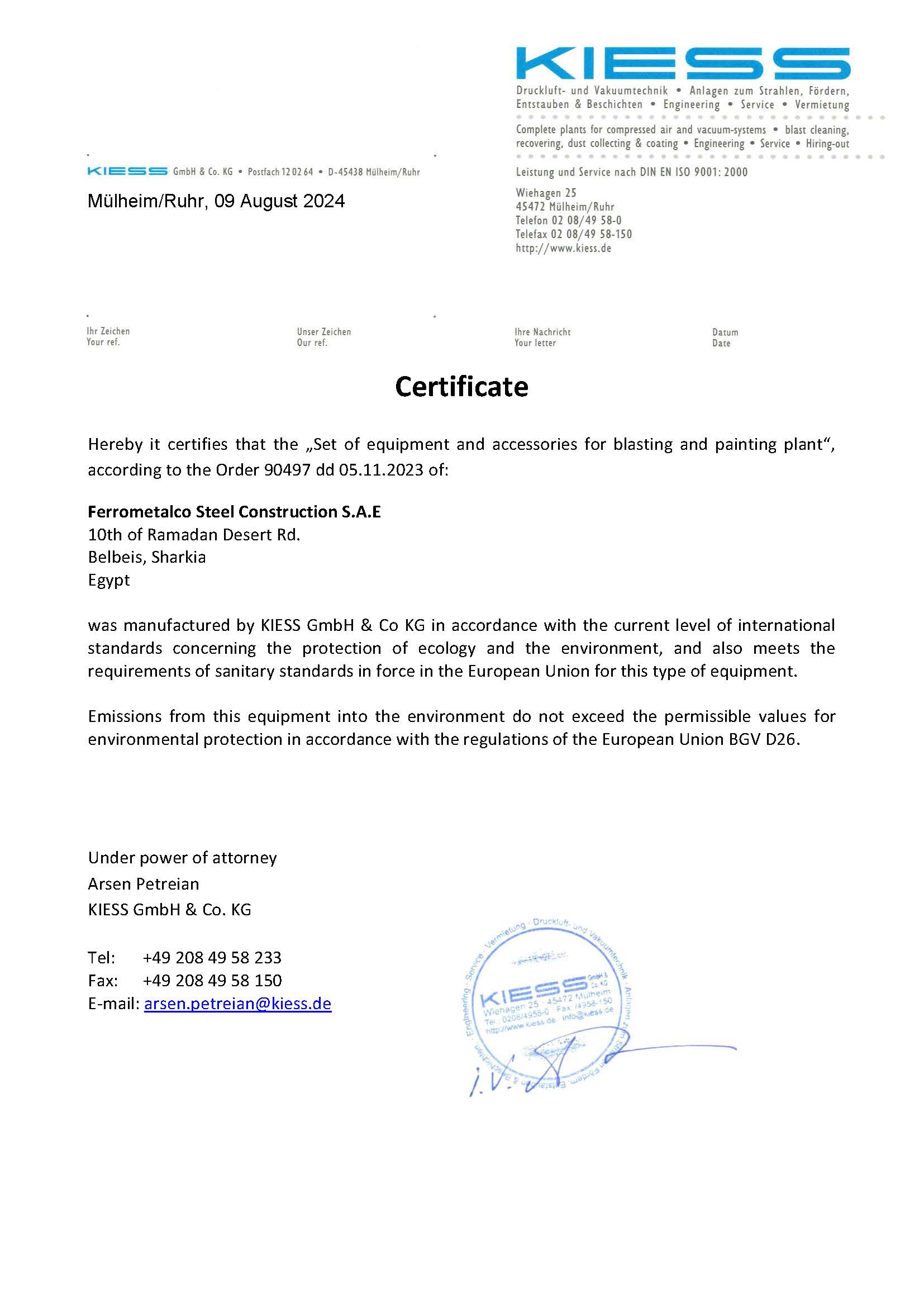 KIESS - EU Compliance Certificate – Blasting & Painting Equipment